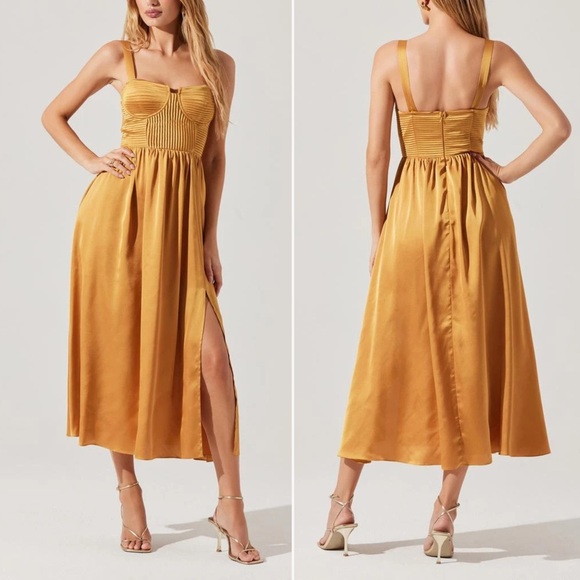 NEW | Astr | Pleated Bustier Midi Dress in Gold | Sz L - Picture 1 of 9